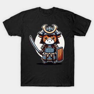 Kawaii Samurai Animal Cow Warrior with Katana Shield Cute T-Shirt